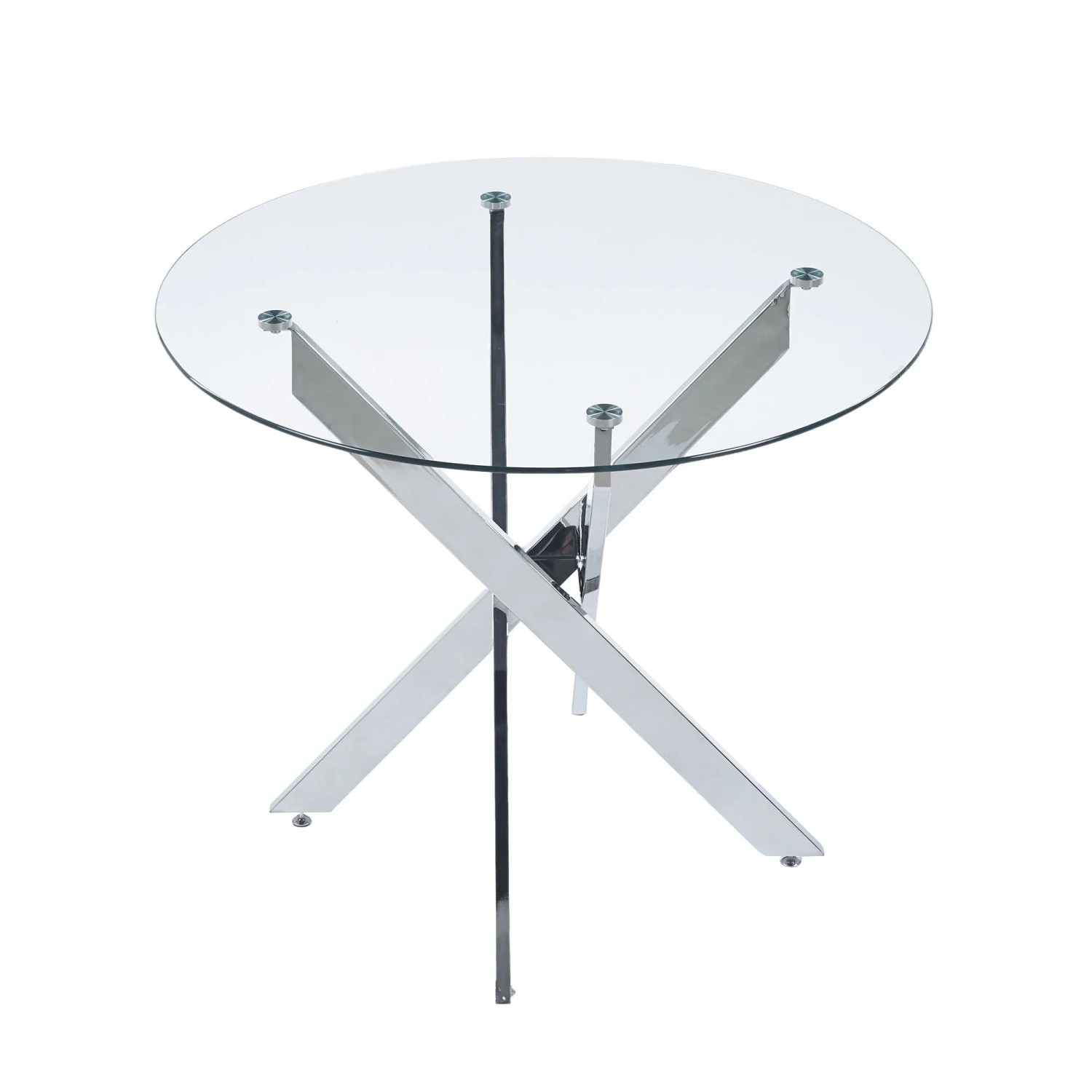 okwish Esstisch mit Metallbein und Glas Wohnzimmer Rundtisch Chrom Beine 80x80x75cm Silber