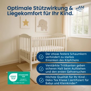 Babybett mit AM Qualitätsmatratze 70x140 cm. Kindermatratze mit Trittkanten und waschbarem Bezug.