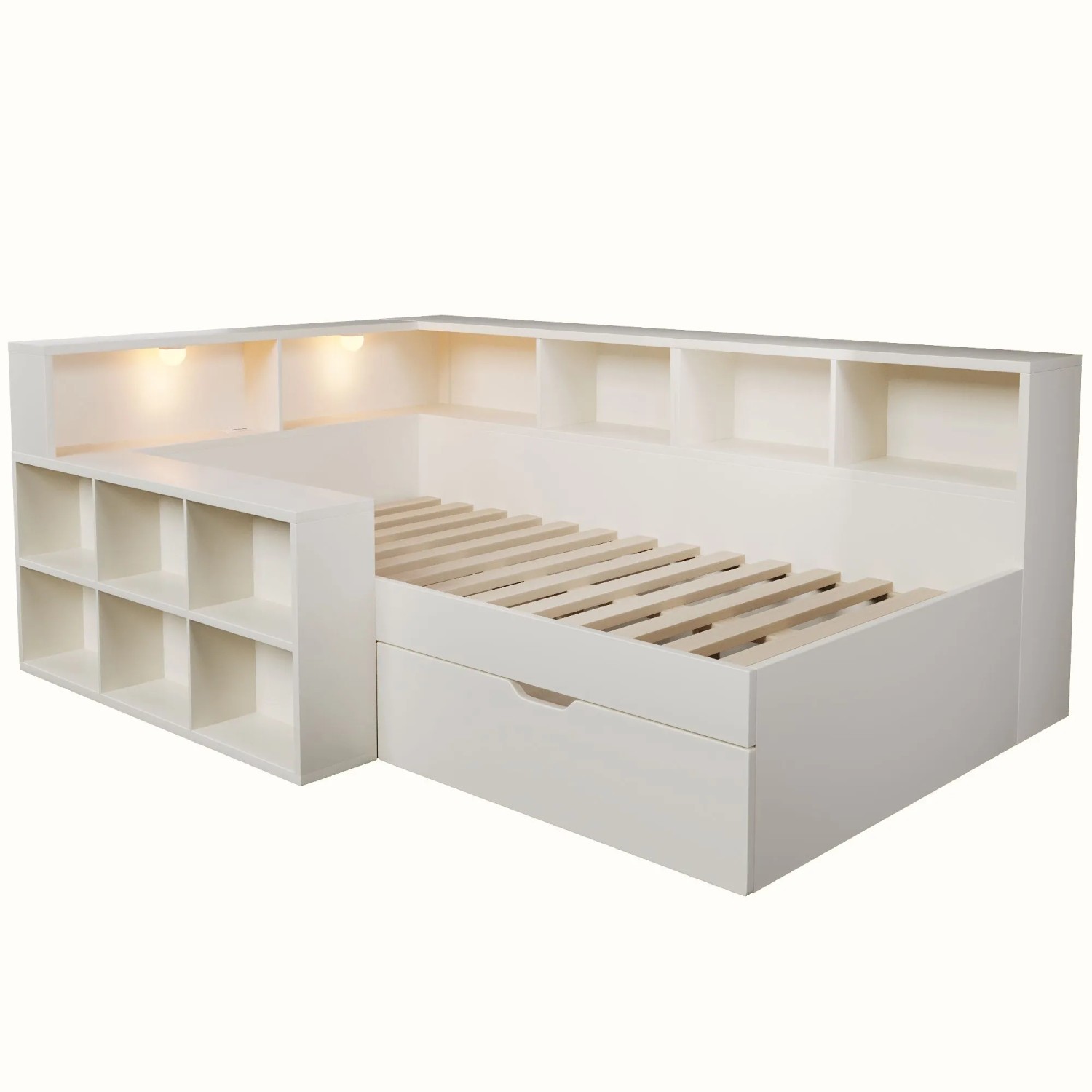 Merax Holzbett 90x200cm Stauraum USB-C Leselicht Weiß