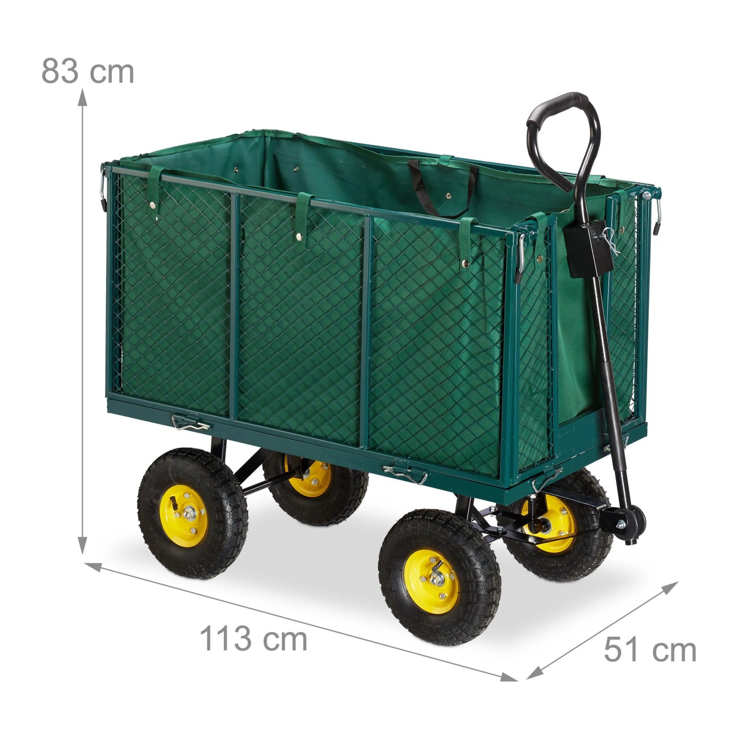 Dunkelgrüner Relaxdays Gartenwagen aus Stahl mit klappbaren Seitenteilen, gelben Felgen und Luftreifen. Ideal für Garten & Camping.