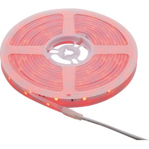 Aufgerollter 5 m LED Stripe Outdoor RGB für Außen-Dekobeleuchtung, rot leuchtend.