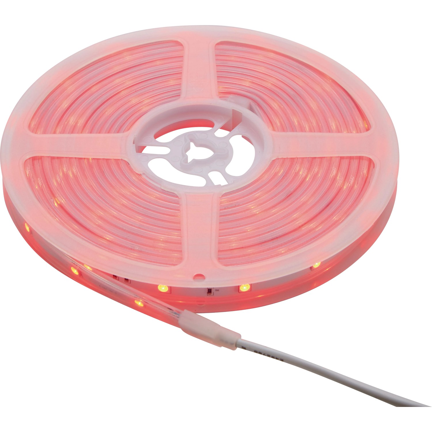 Aufgerollter 5 m LED Stripe Outdoor RGB für Außen-Dekobeleuchtung, rot leuchtend.