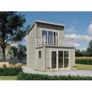 Hellbraunes Alpholz Gartenhaus Manhattan mit Pultdach und Balkon.