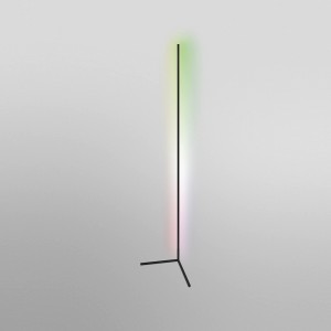 Schwarze Ledvance Smart+ WiFi Eck-Stehleuchte mit Farbwechsel, 200 cm hoch.