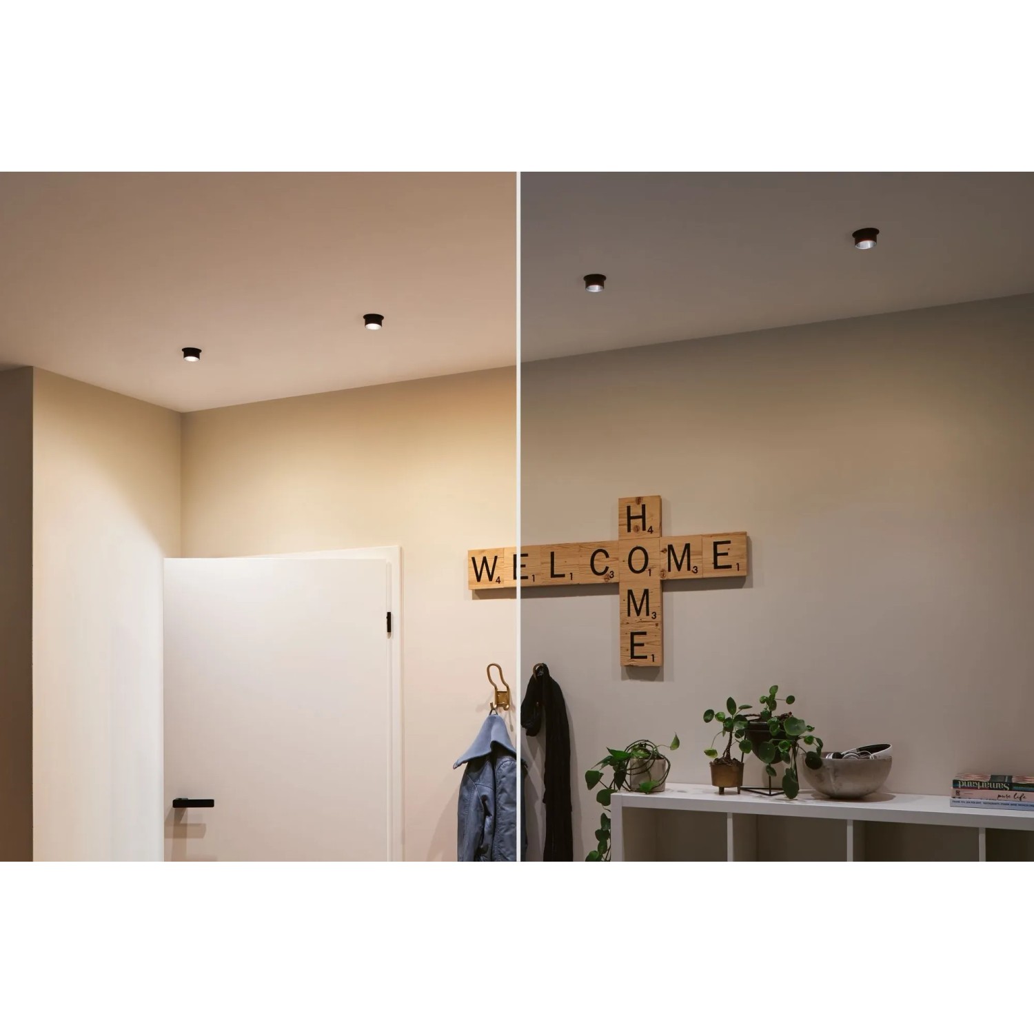 LED Einbaustrahler Set, 3er, schwarz matt/Eisen, dimmbar, warmweißes Licht im Flur.