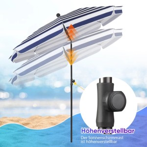 Sekey Balkonschirm 200cm mit blau-weißen Streifen, höhenverstellbar, für Balkon & Garten.