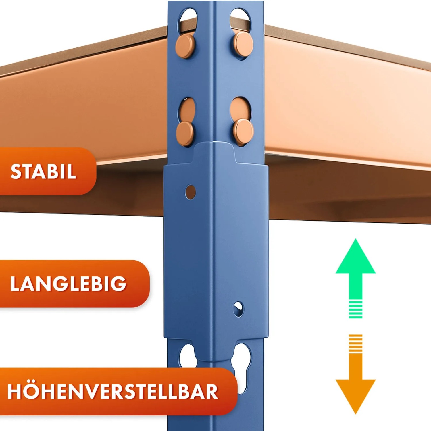 Detailansicht: Blau-oranges Schwerlastregal, höhenverstellbar, stabil und langlebig.