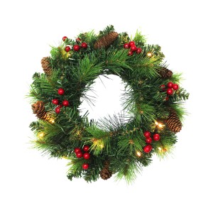 Näve LED Weihnachtskranz Noel Rot mit Tannengrün, Zapfen und roten Beeren für die Weihnachtsdeko.