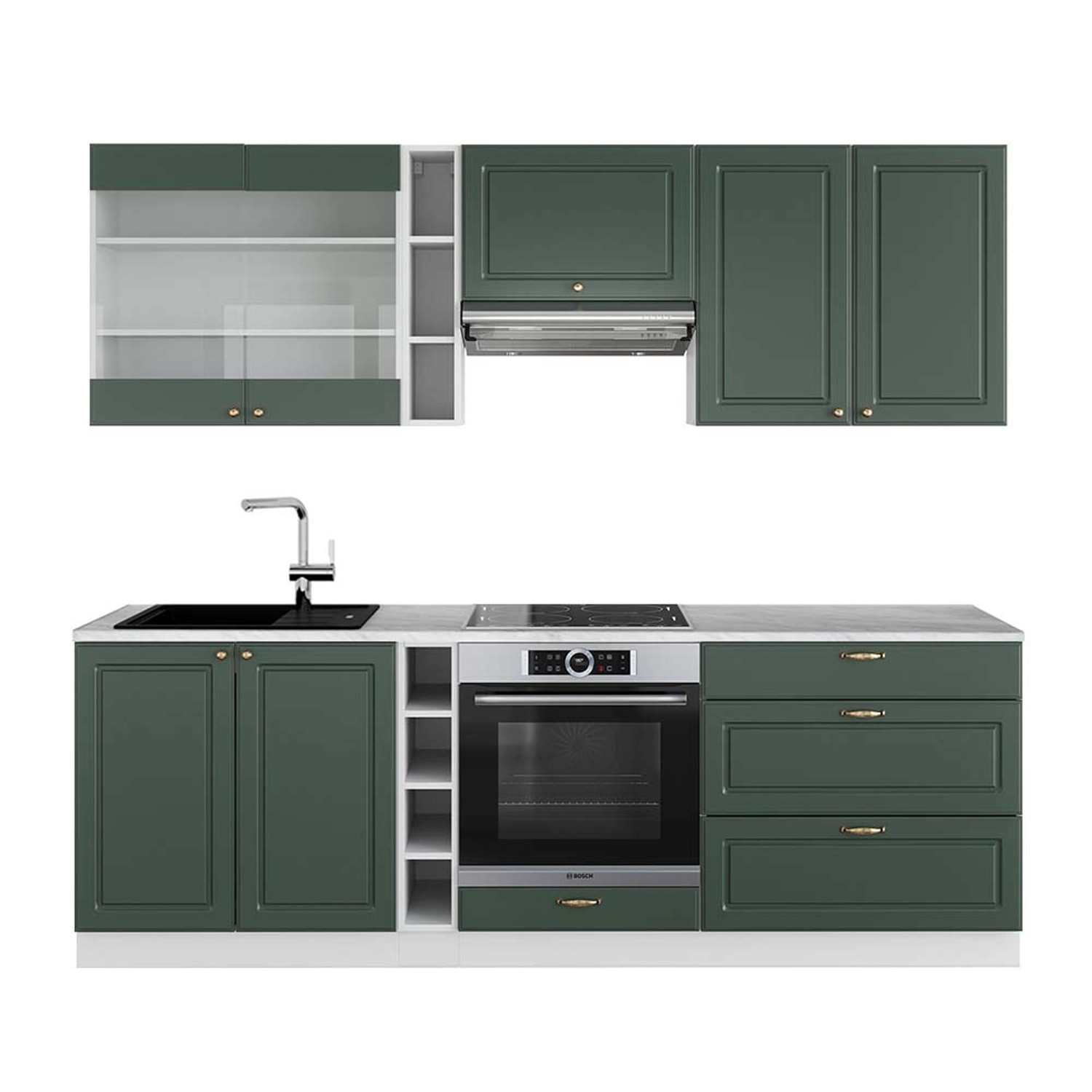 Vicco Fame-Line Küchenzeile Grün-Gold Landhaus/Weiß 235 cm AP Marmor günstig online kaufen