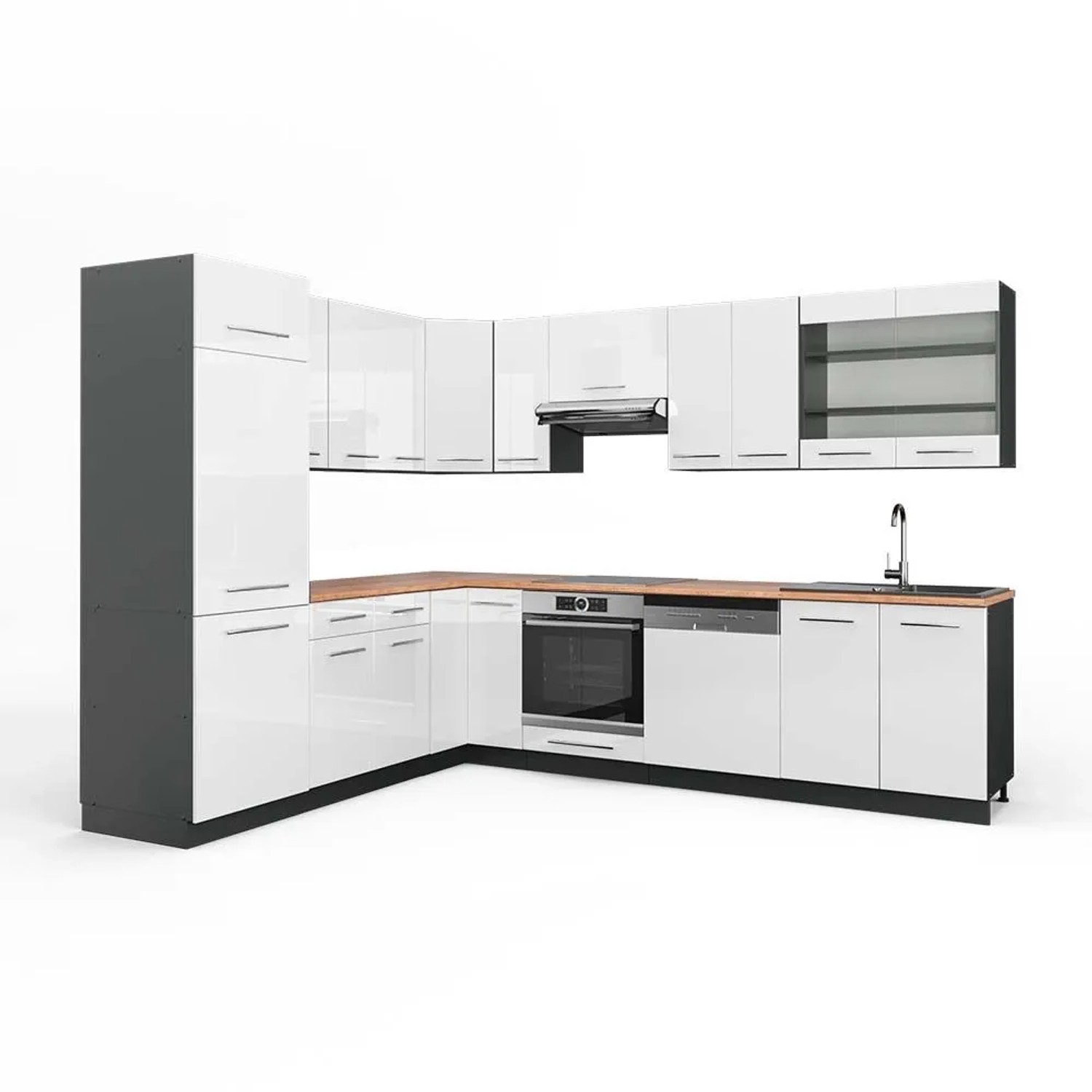 Vicco Eckküche Fame-Line Weiß Hochglanz/Anthrazit 287 x 82, AP Eiche