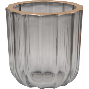 Grau-goldener Teelichthalter ModernAntique, 9 cm, aus Glas mit Riffelstruktur und Goldrand.