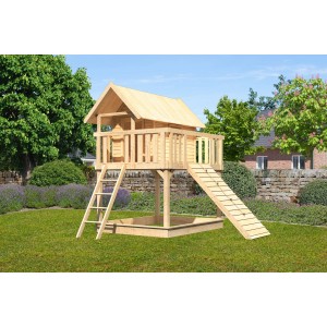 Karibu Stelzenhaus Fidel mit Holzrampe und Sandkasten, naturbelassen.