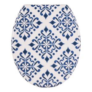 WC-Sitz mit blauem Azulejos-Muster und Absenkautomatik.