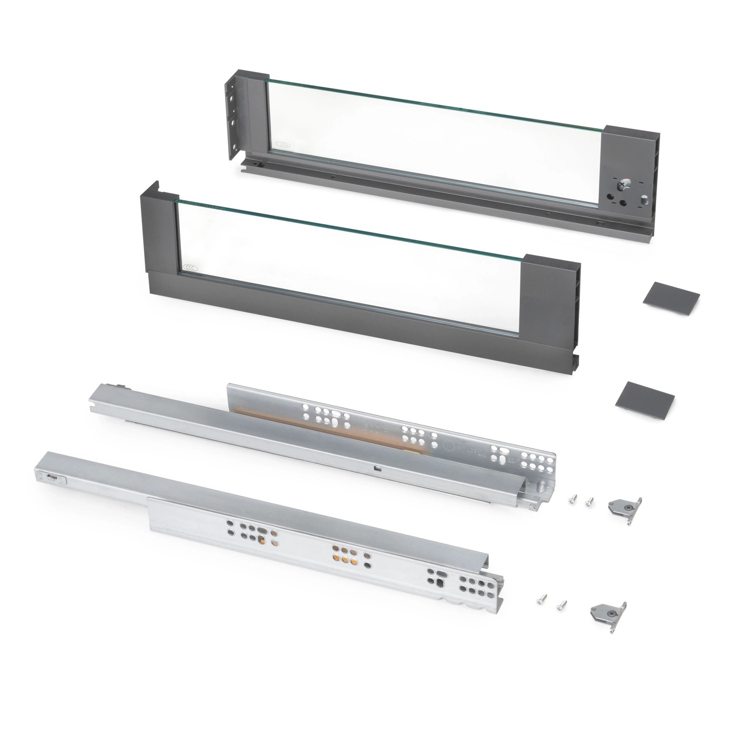 Emuca Außenschublade Vertex 40Kg mit Glas-Einschubelement Höhe 131mm Tiefe 500mm Stahl und Aluminium und Glas Anthrazitgrau