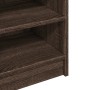 Detailaufnahme: Waschbeckenunterschrank in Braun Eichen-Optik mit offenen Fächern.