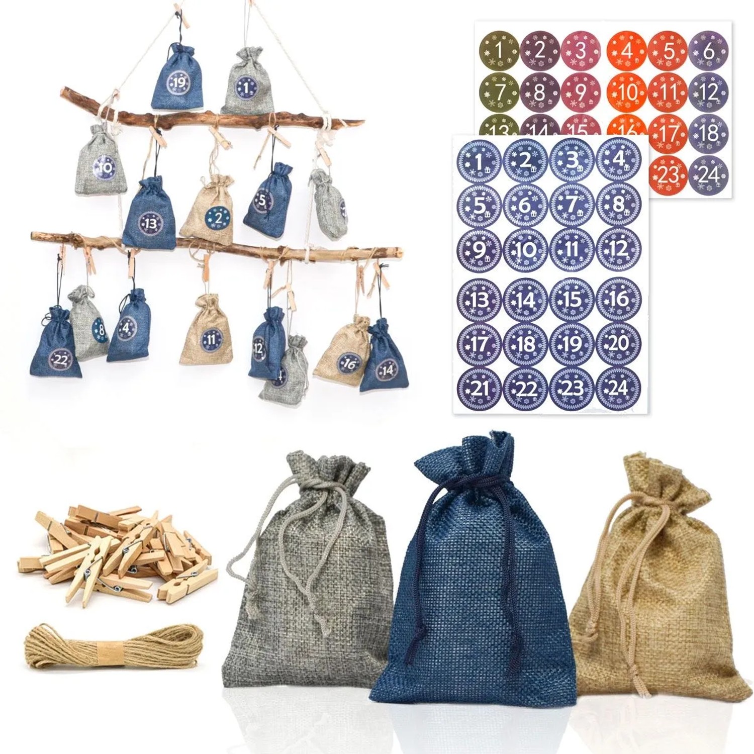 DuneDesign DIY Adventskalender Zum Selbst Befüllen 24 Geschenk-Säckchen Blau