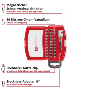 Einhell Bit-Set, 32-teilig, CrV-Stahl, rote Box mit Bits, Bithalter und Gürtelclip.