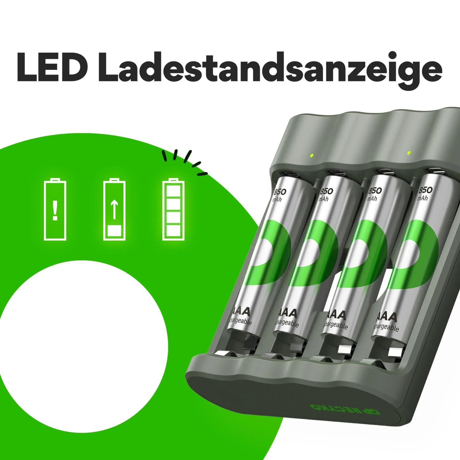 GP Akku-Ladegerät B441 mit 4 AAA-Akkus 850mAh im Ladegerät.