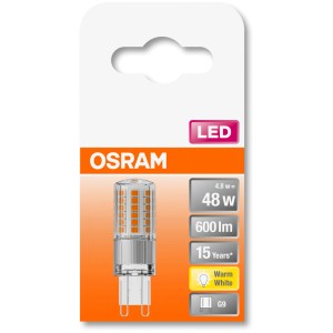 Osram G9 LED Leuchtmittel, 4,8 W, warmweiß, in Verpackung.