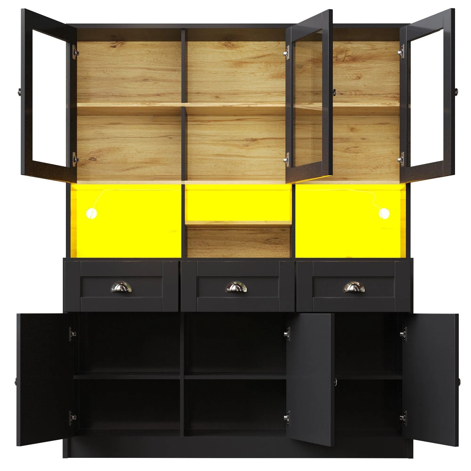 okwish Vitrinenschrank mit LED-Beleuchtung Verstellbare Ablagen Küche 140x40x175cm Schwarz