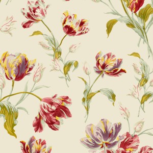Laura Ashley Vliestapete mit Tulpenmuster in Cranberry-Farbe.