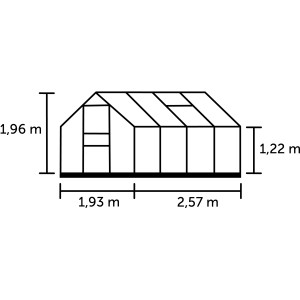 Skizze Halls Gewächshaus Popular 86 Alu 5 m² mit Maßangaben.