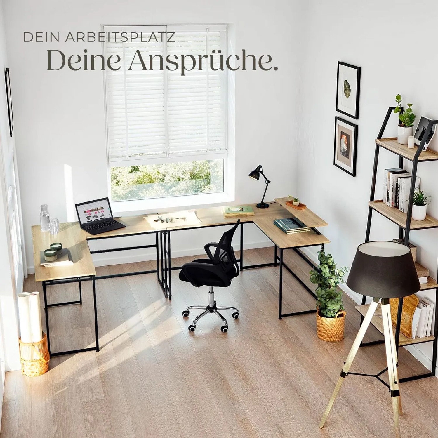 Tectake Eckschreibtisch Melrose im Industrial Style mit Stahlgestell und heller Holzoptik im Arbeitszimmer.