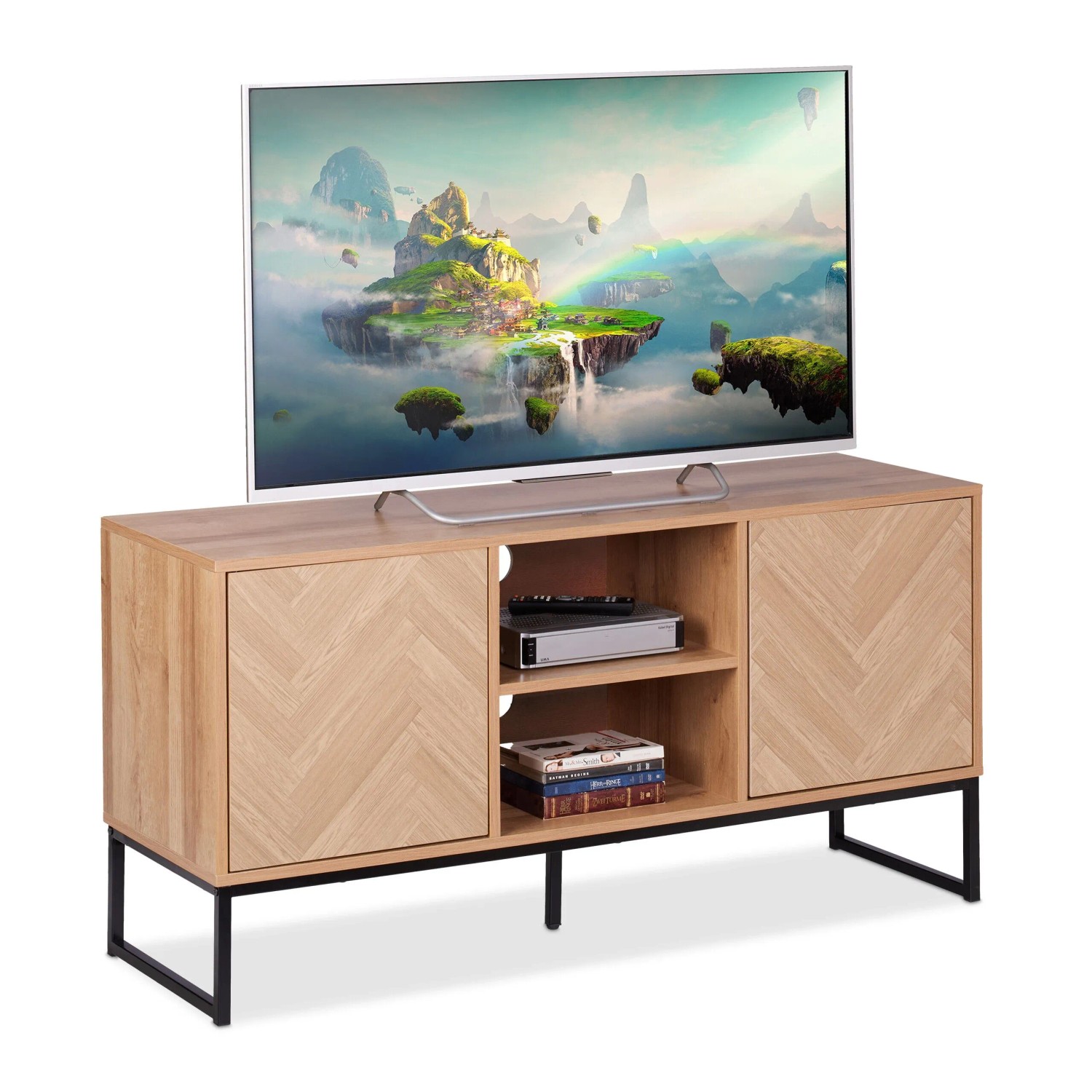 Relaxdays TV Lowboard Spanplatte Eisen Hellbraun Schwarz Höhenverstellbar 60 cm x 120 cm x 38 cm 22,7 kg