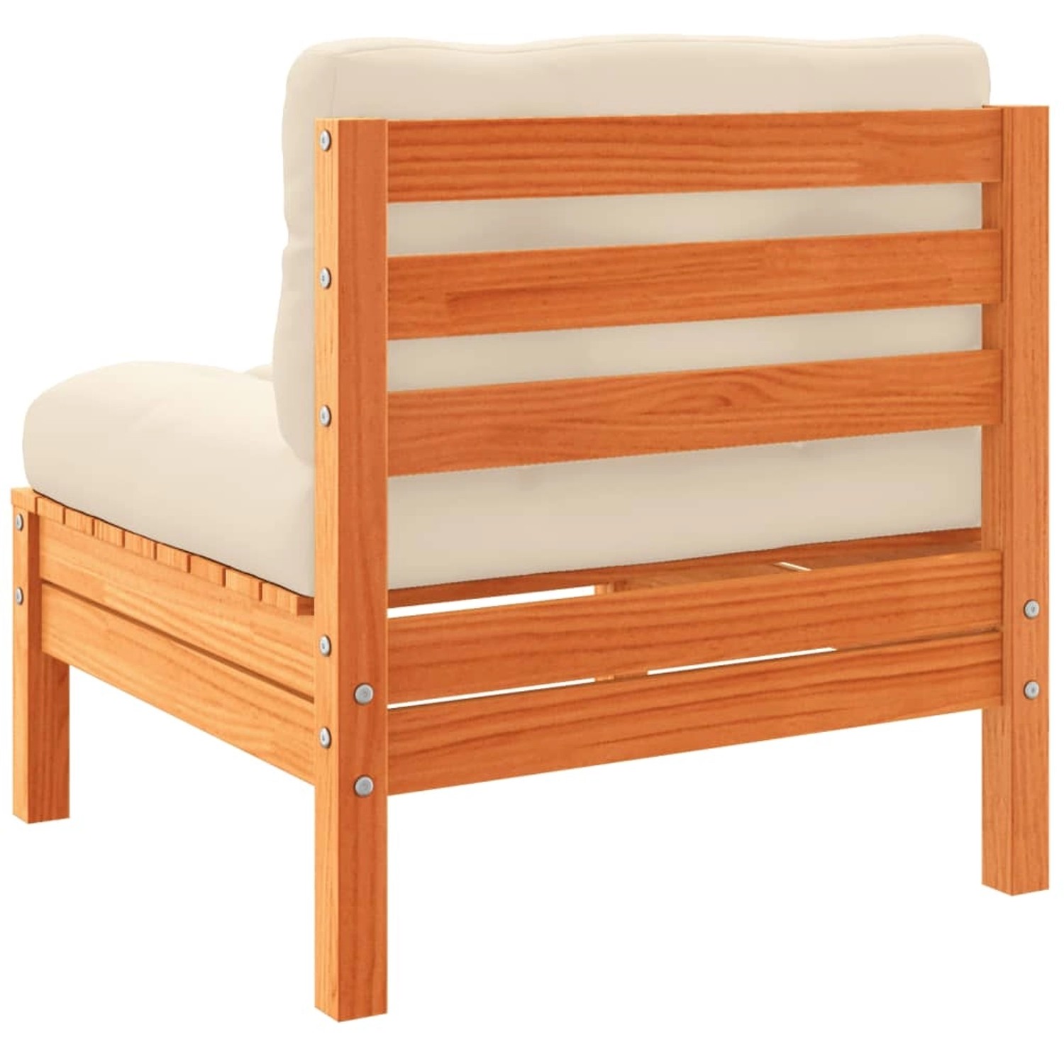 Gartensofa-Element aus Kiefernholz, wachsbraun mit cremeweißen Kissen.