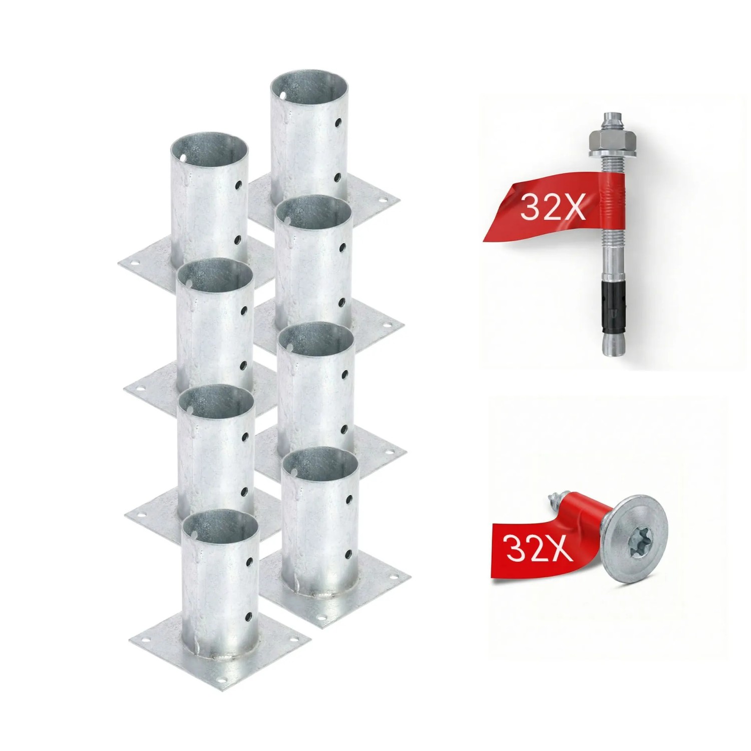 HOLLMAX 8 Stk. Aufschraubhülse/Pfostenträger 80 mm Komplettset Verzinkt Silber für Rundholzpfosten