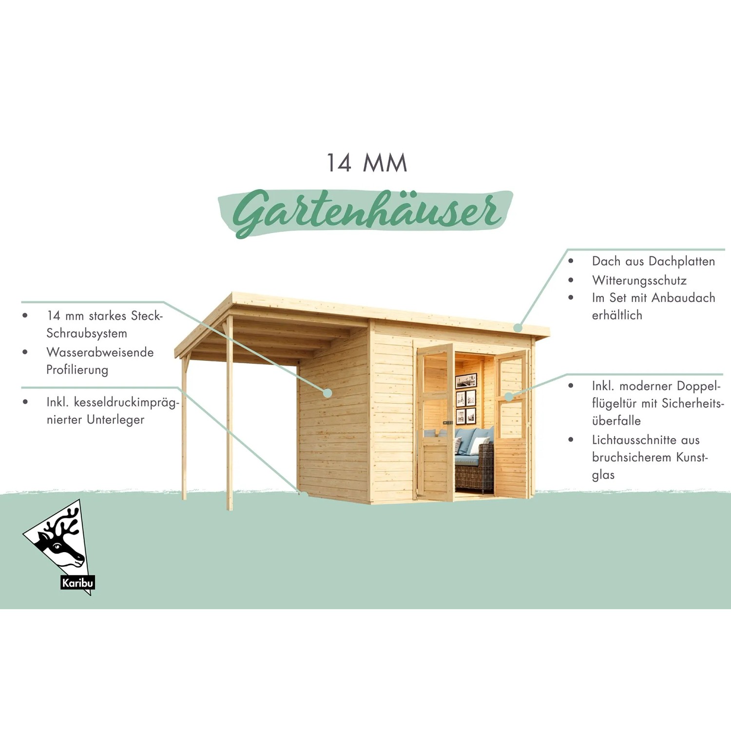 Karibu Gartenhaus Neuenburg 0, vorvergraut, mit Pultdach und Doppeltür. Holz-Gartenhaus für den Garten.