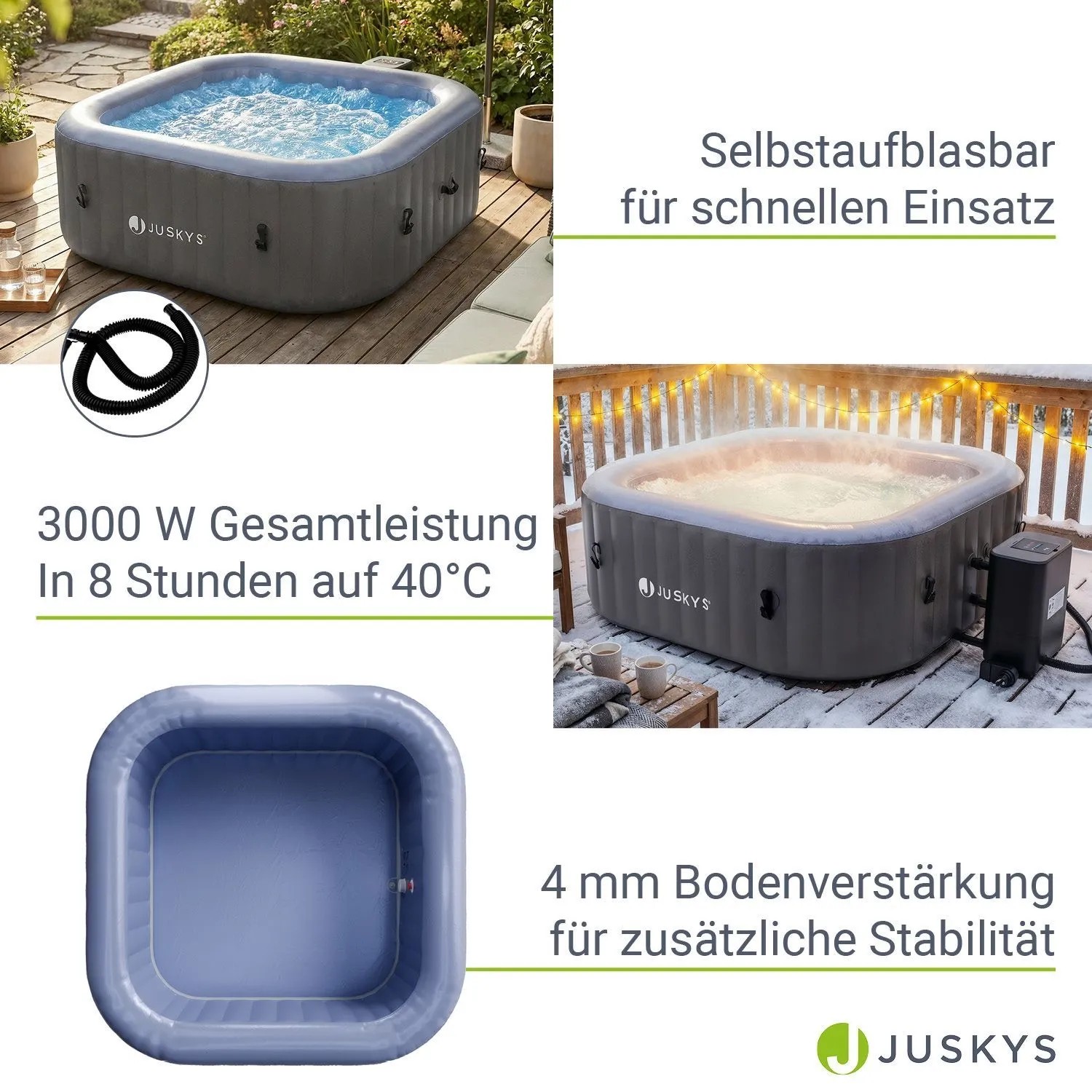Juskys SpaLuxe aufblasbarer Whirlpool grau-blau mit Sprudeldüsen, auf Terrasse und im Schnee. Schneller Aufbau, robustes PVC.