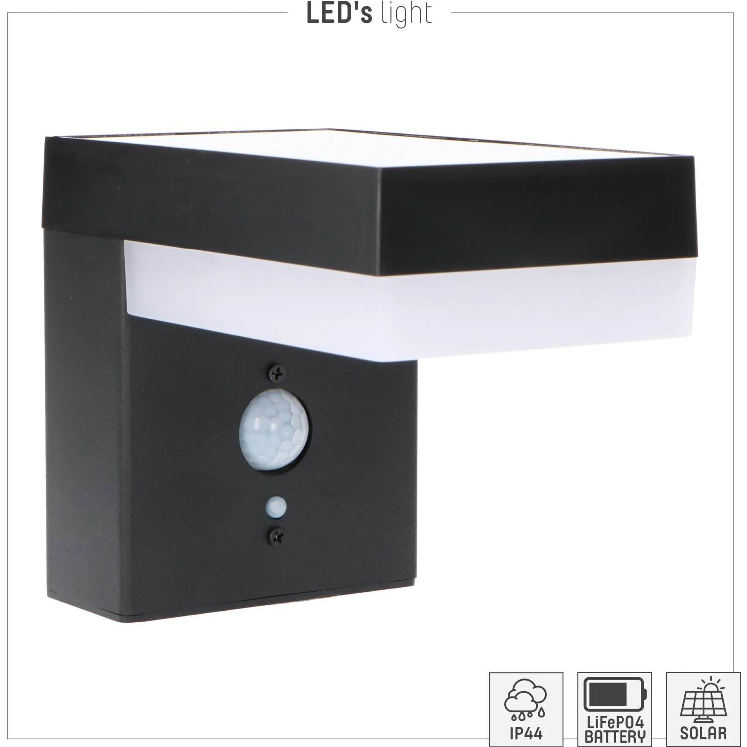 Schwarze Solar-Wandleuchte mit Sensor, 3,3 W, 600 lm, 2700 K, IP44 für den Außenbereich.