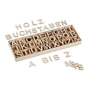 Relaxdays Buchstaben Set Kiefernholz Natur mit Sortierkasten 3 cm 170 g