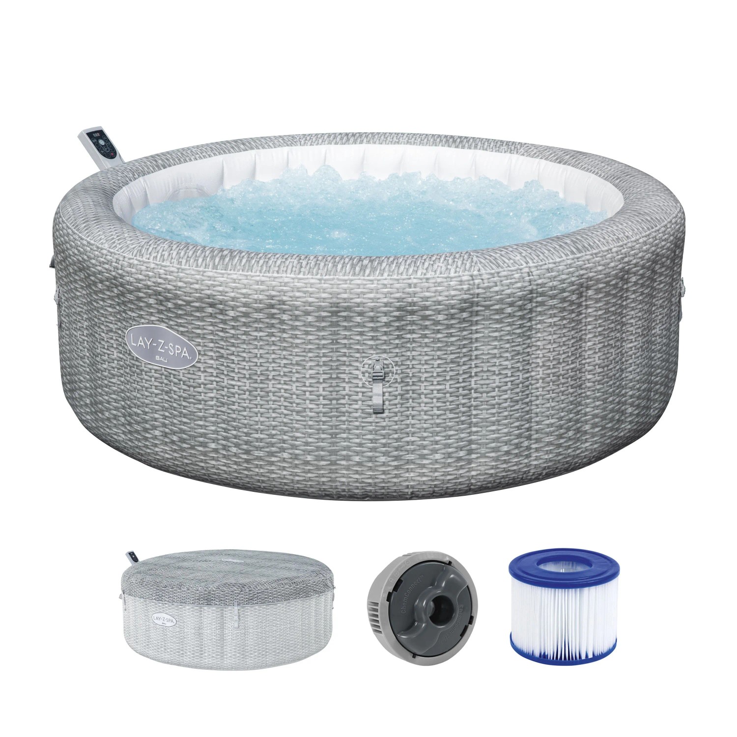 Bestway LAY-Z-SPA Bali AirJet aufblasbarer Whirlpool für 6 Personen, graue Rattan-Optik, sprudelndes Wasser, mit Abdeckung und Filter.
