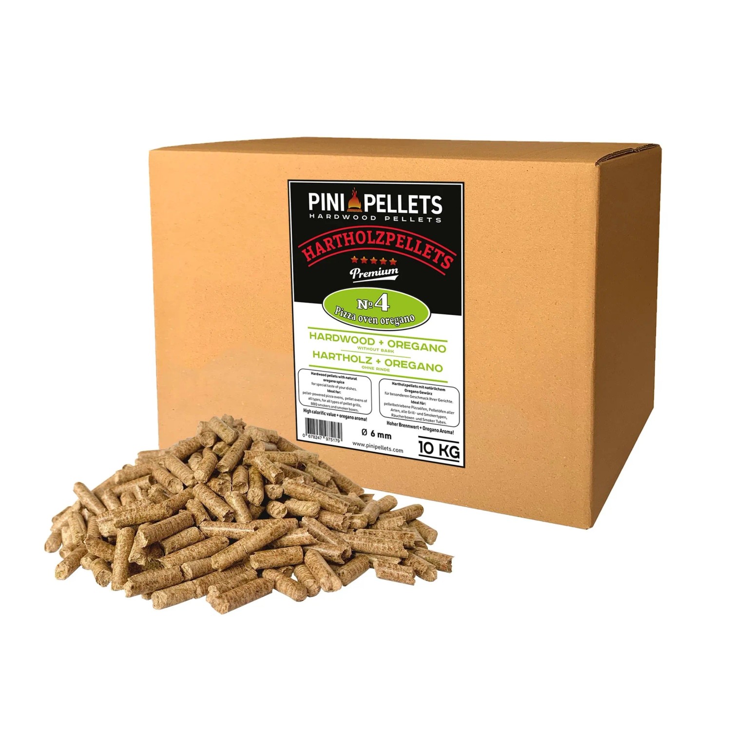 PINI Hartholz Pellets 10 kg BBQ Pizza Oven Oregano № 4 Grillpellets zum Grillen Räuchern Smoken und für Pizzaofen
