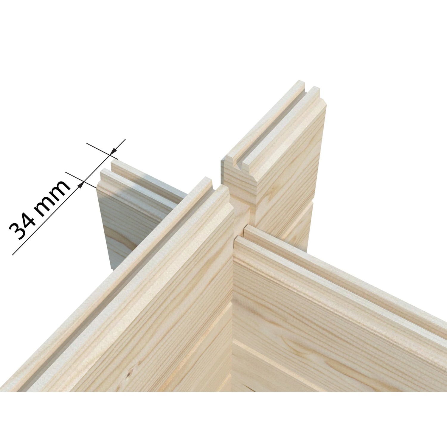 Detailaufnahme der Eckverbindung (34mm) des Palmako Gartenhaus Claudia Pent, grau grundiert.