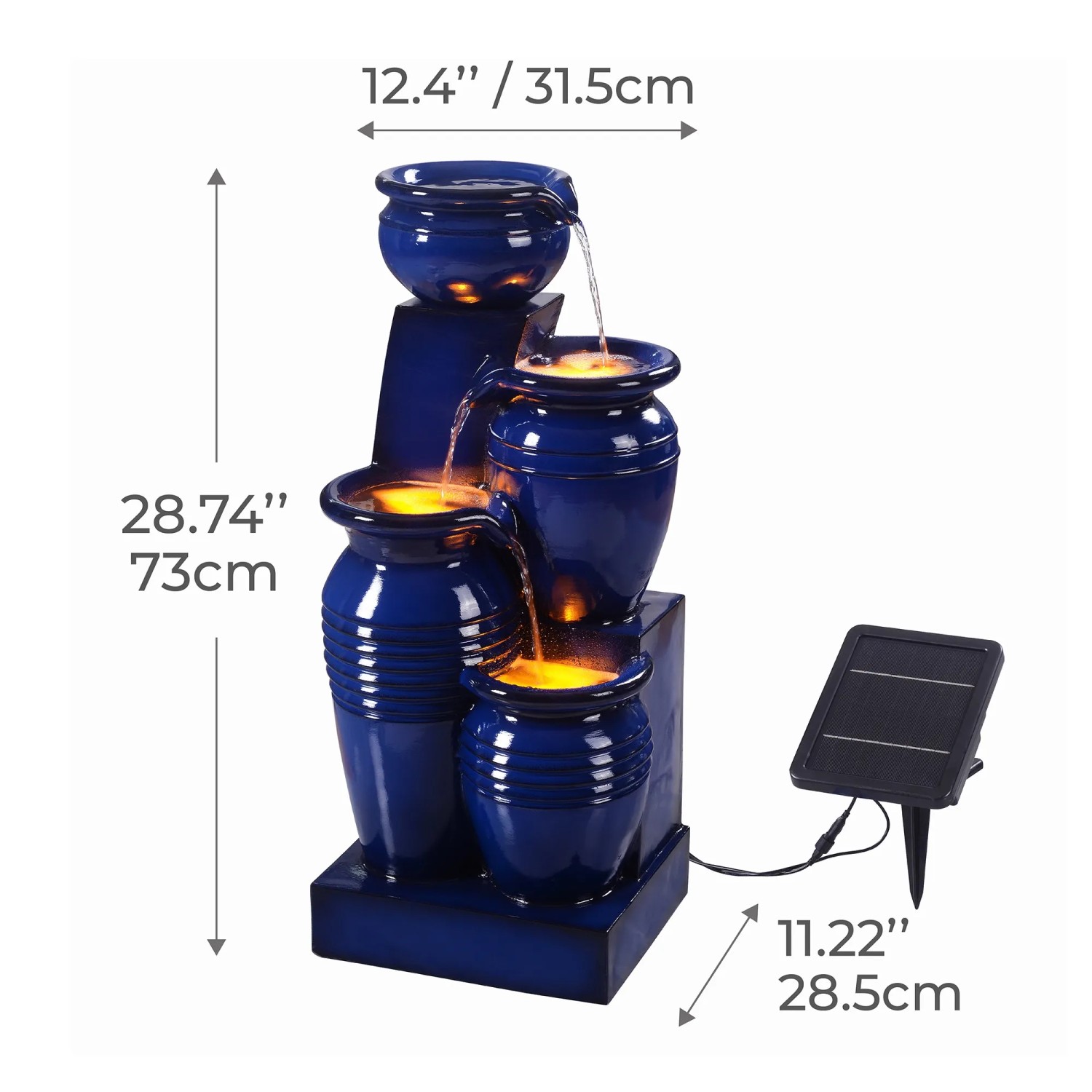 Marineblauer 4-stufiger Gartenbrunnen mit LED-Beleuchtung und Solarpanel. Dekorative Kaskade für den Außenbereich.