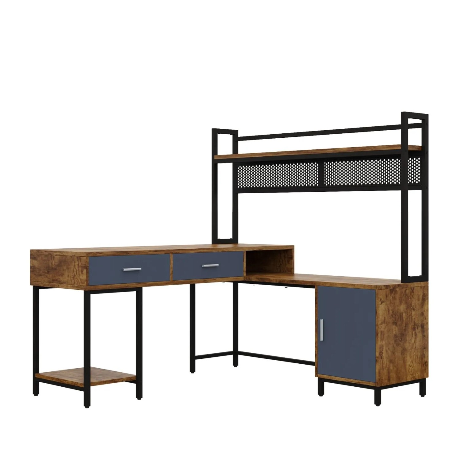 PXloue Eckschreibtisch 140 x 140 x 135 cm Bürotisch mit Schrank Drahtgitter Holzoptik Schwarz