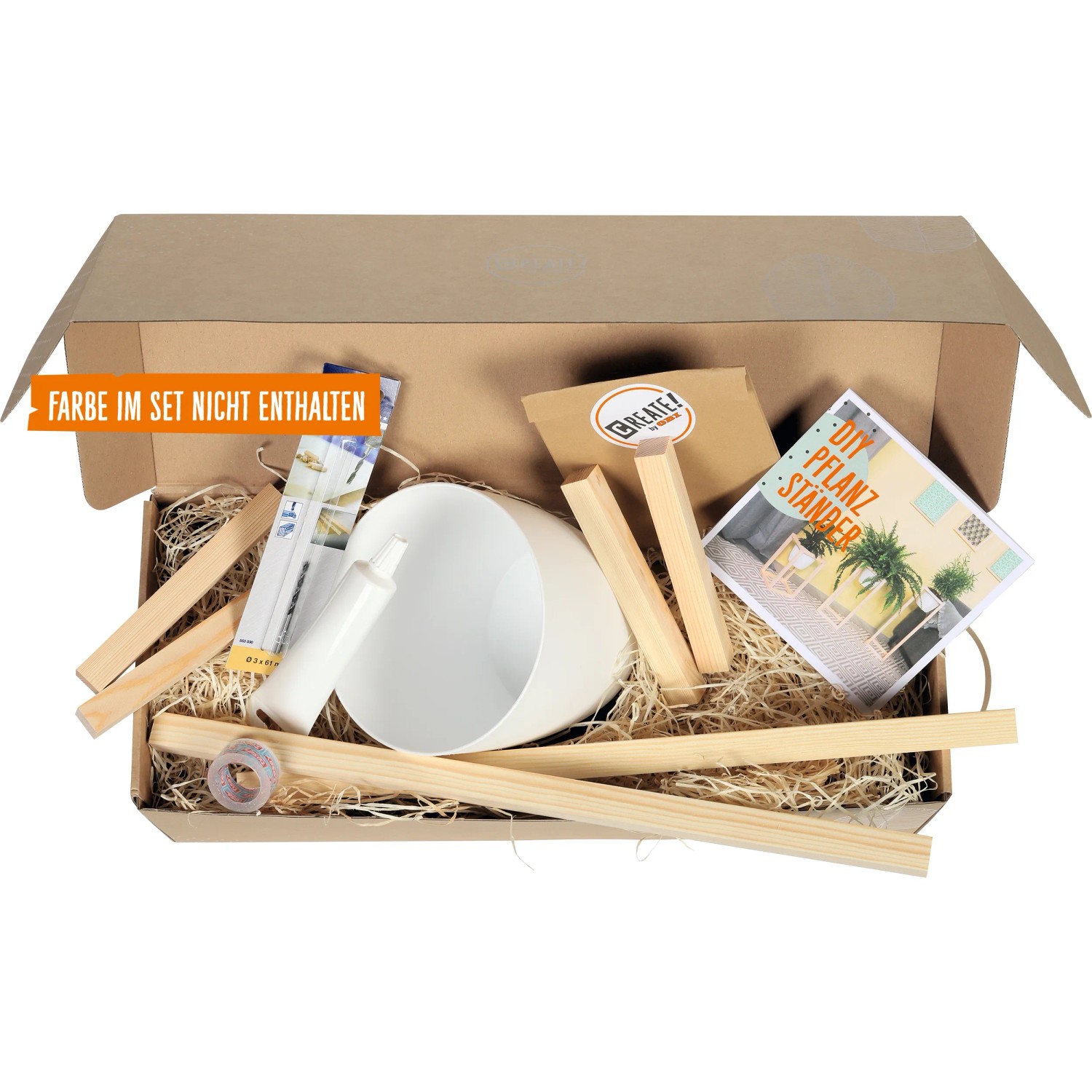 DIY Pflanzständer Set von CREATE! by OBI: Pflanztopf, Holzleisten, Schrauben, Schleifpapier und Anleitung in Box.