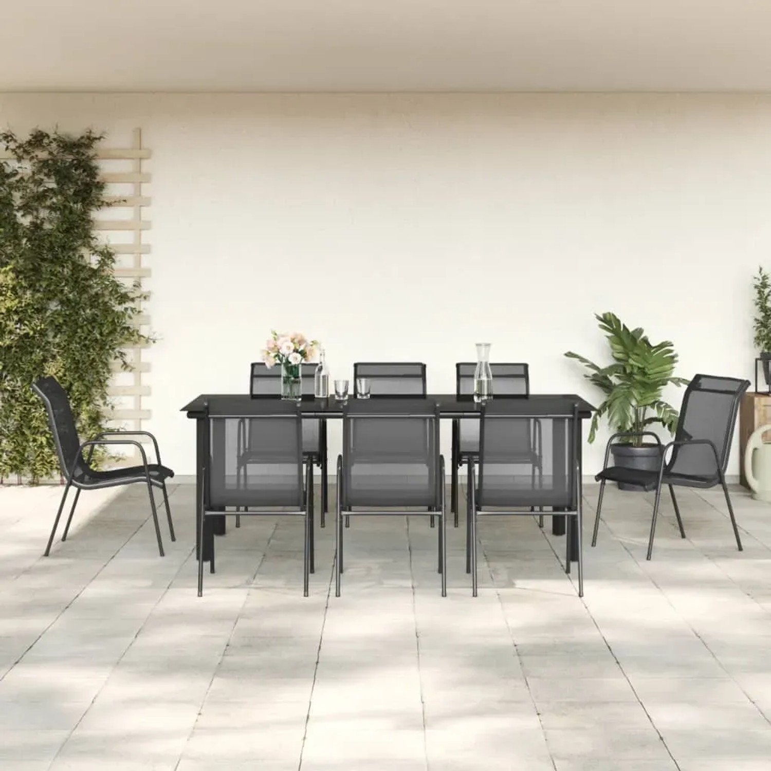Schwarze 9-tlg. Garten-Essgruppe aus Stahl und Textilene von vidaXL für Terrasse und Garten.