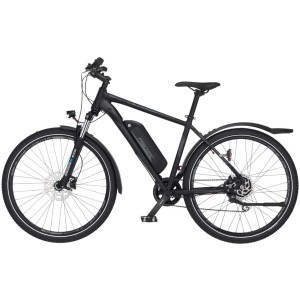 Schwarzes Fischer E-Bike ATB 27,5 Terra 2.0 mit Radschützern und Beleuchtung.