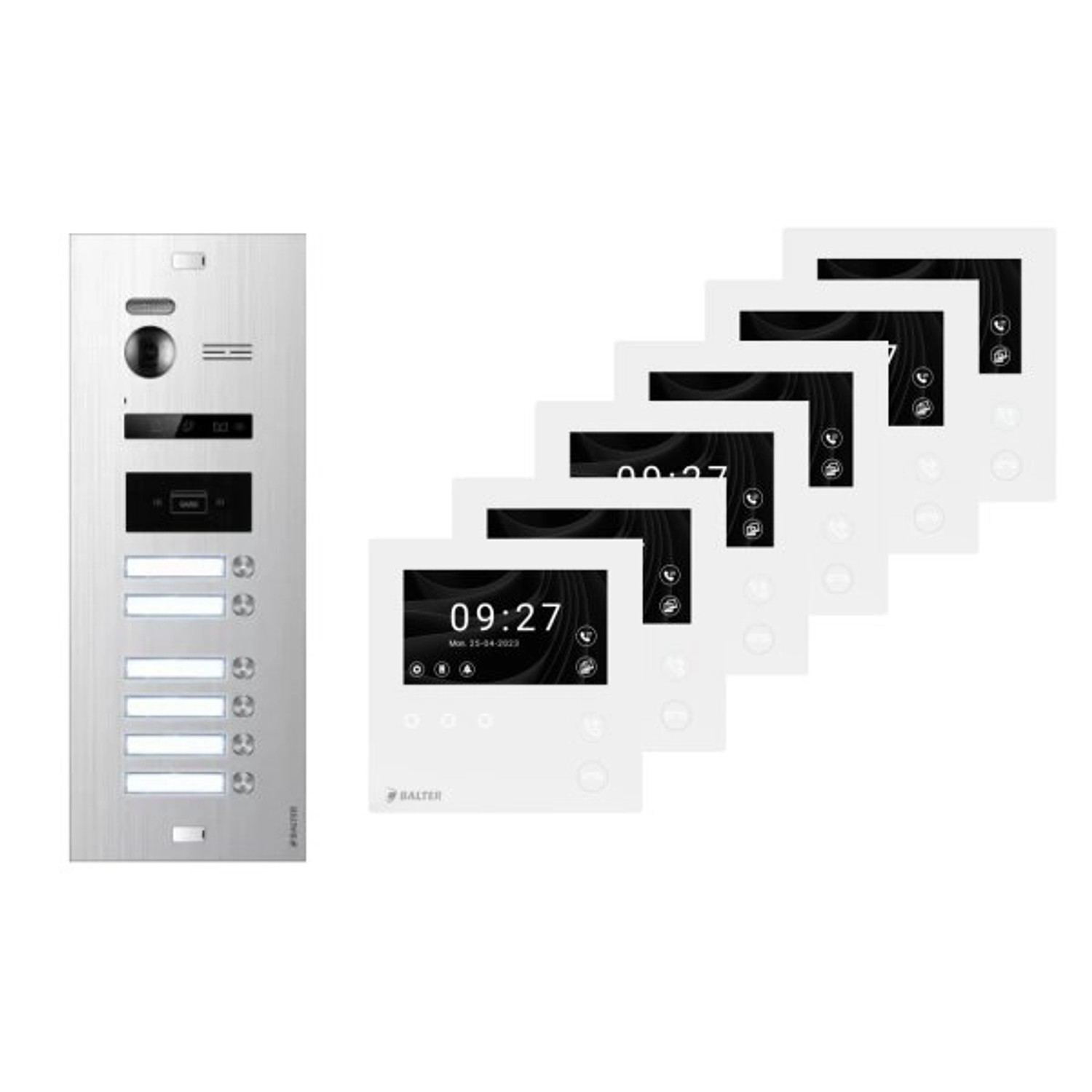 Balter Evo-HD-Mini Video Türsprechanlage Komplettsystem für 6-Familienhaus mit 4,3 Zoll WiFi Monitor Silber