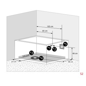 Skizze der AquaVapore Seniorenwanne mit Tür, zeigt Anschlussmaße für Wasser, Abwasser und Strom.