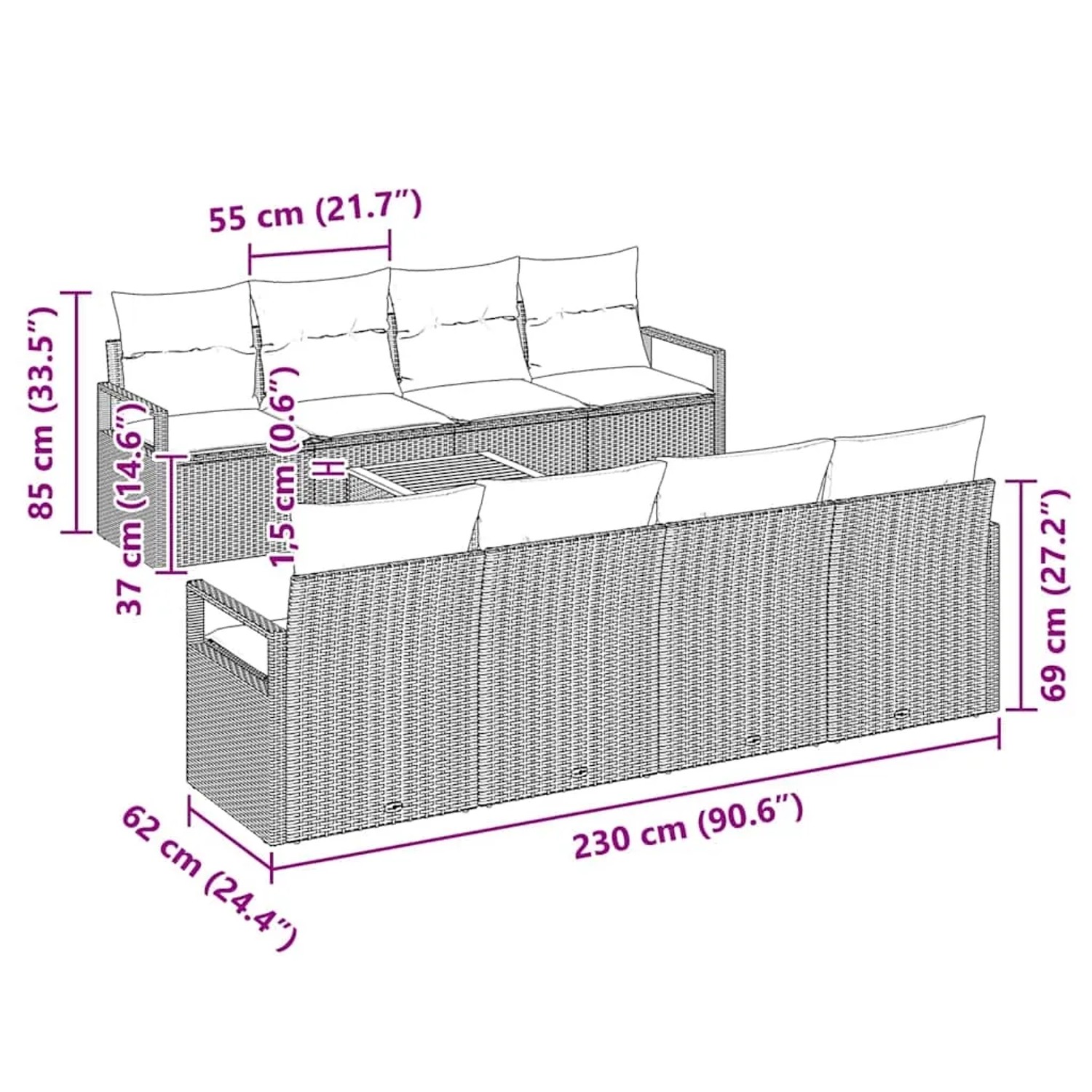 Graues 9-teiliges Garten-Sofa-Set von vidaXL aus Rattan mit Tisch und Kissen.