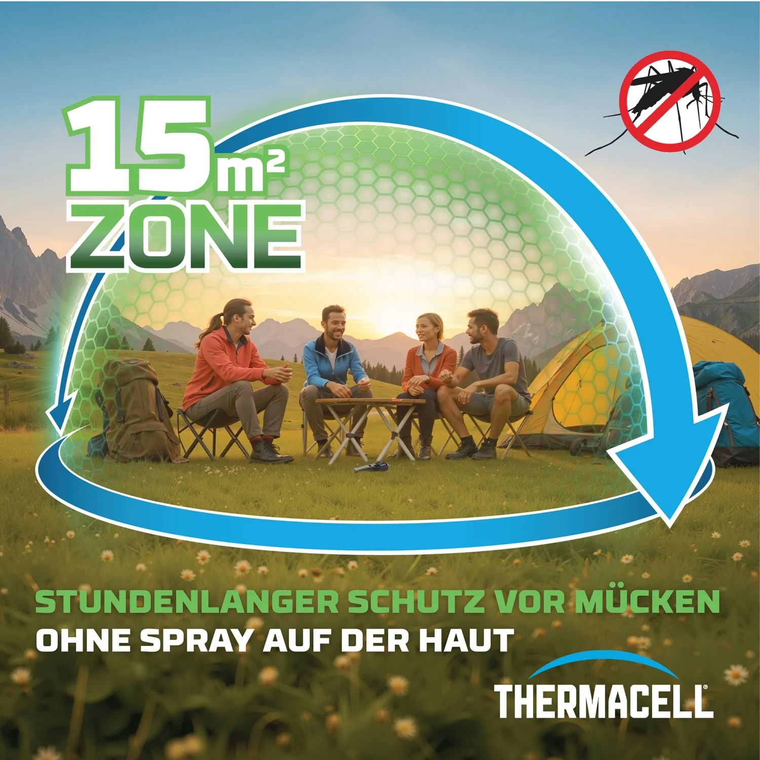 Thermacell Mückenabwehr Proactive: Camping-Szene mit 15 m² Schutz-Zone gegen Mücken.