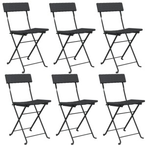 Set aus 6 schwarzen, klappbaren Bistrostühlen aus Poly Rattan und Stahl für den Garten.