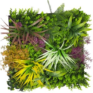 Jangal Modular Wall Flora Wandpaneel, 52x52 cm, mit dichten grünen, gelben und roten Kunstpflanzen für Wandgestaltung.