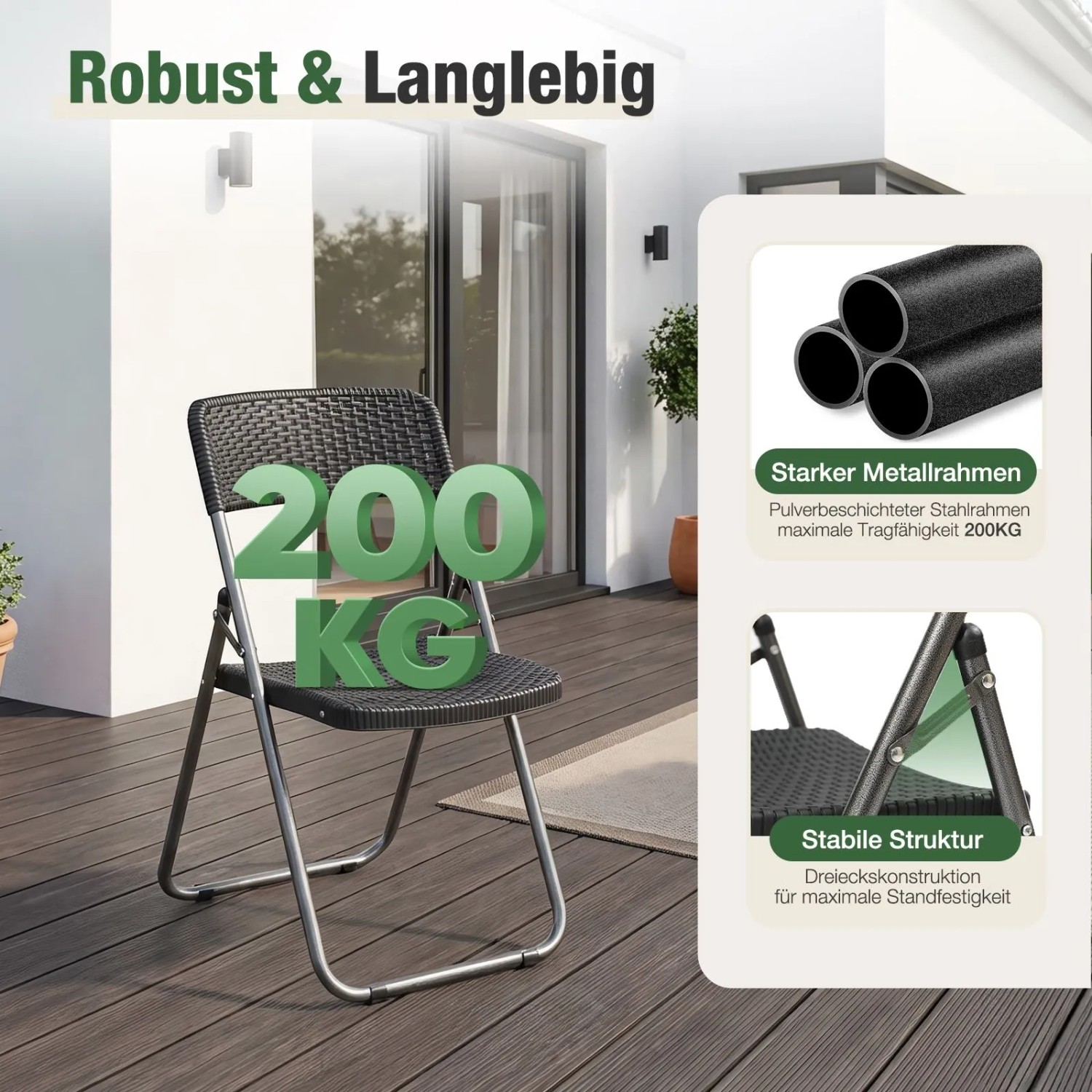 Sekey Gartenstuhl 6er Set, klappbar, Rattan-Optik, belastbar bis 200kg, für Garten, Balkon & Terrasse.