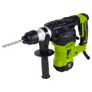 Grüner und schwarzer Zipper Bohrhammer mit Bohrer. SDS-Plus System für Bohren, Schlagbohren und Meißeln.